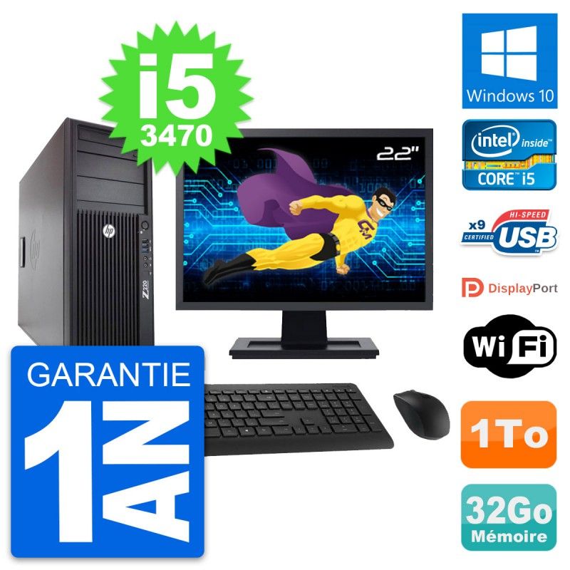 Station de travail HP Z220 - Écran 22'', Intel Core i5-3470, 32 Go de RAM, 1 To HDD, Windows 10, WiFi