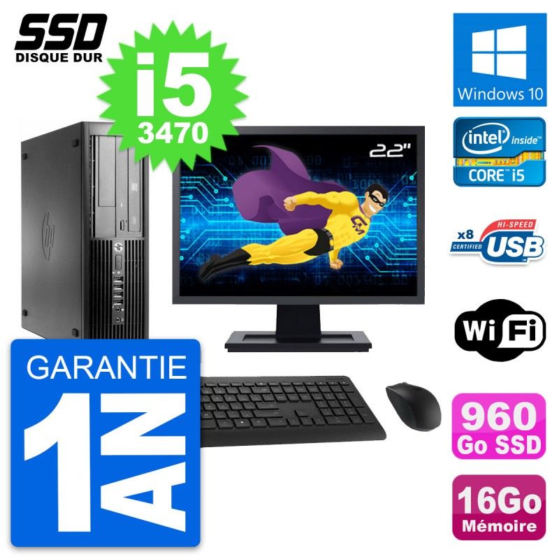 Ordinateur de bureau HP Compaq Pro 4300 SFF | Écran 22'' | Intel Core i5-3470 | 16 Go RAM | 960 Go SSD | Windows 10 | Wi-Fi