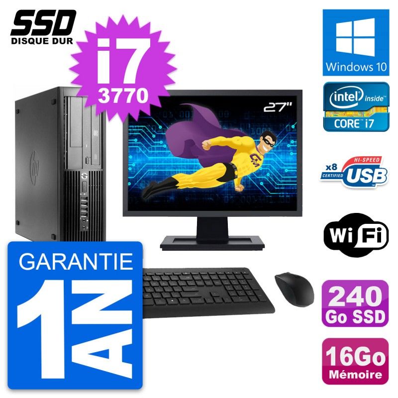 Ordinateur de bureau HP Compaq Pro 4300 SFF, écran 27", processeur Intel i7-3770, 16 Go de RAM, SSD 240 Go, Windows 10, WiFi