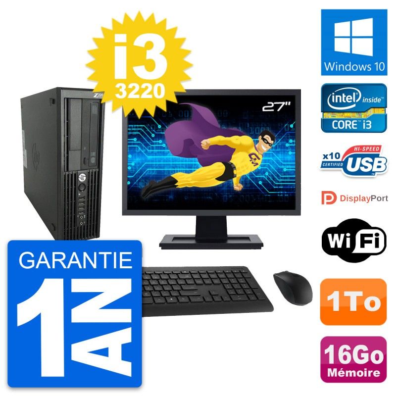 HP WorkStation Z220 SFF Computer - 27" Screen, i3-3220, 16GB RAM, 1TB HDD, Windows 10, Wifi