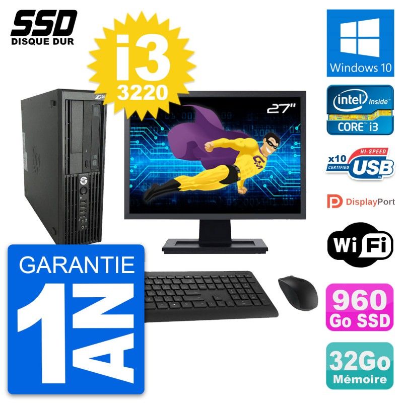 HP WorkStation Z220 SFF Computer - 27" Screen, i3-3220, 32GB RAM, 960GB SSD, Windows 10, WiFi