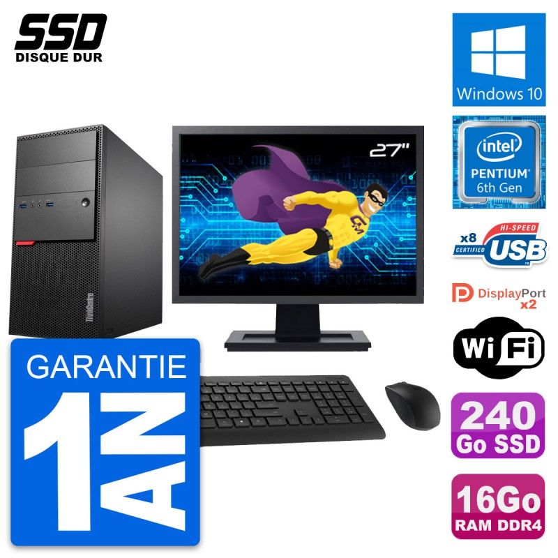 Lenovo M800 Desktop Computer, 27" Screen, Pentium G4400, 16GB RAM, 240GB SSD, Windows 10, Wifi