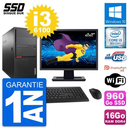 Lenovo M800 Tower PC - 22" Screen, Intel i3-6100, 16GB RAM, 960GB SSD, Windows 10, Wifi