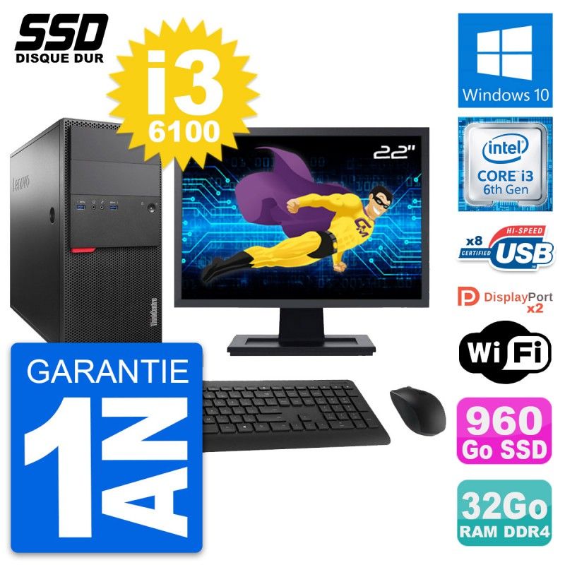 Lenovo M800 Desktop Computer, 22" Screen, Intel i3-6100, 32GB RAM, 960GB SSD, Windows 10, Wifi