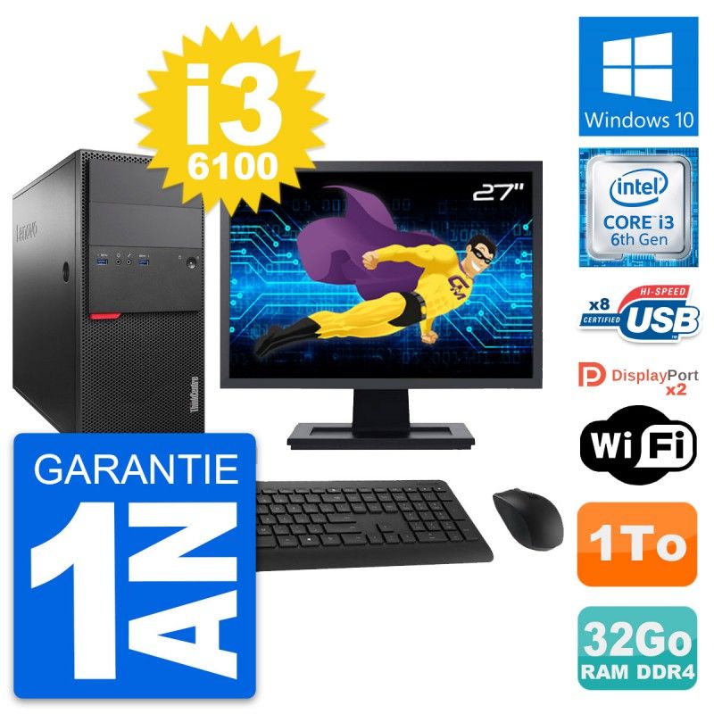 Lenovo ThinkCentre M800 Desktop PC - 27" Screen, Intel i3-6100, 32GB RAM, 1TB Storage, Windows 10