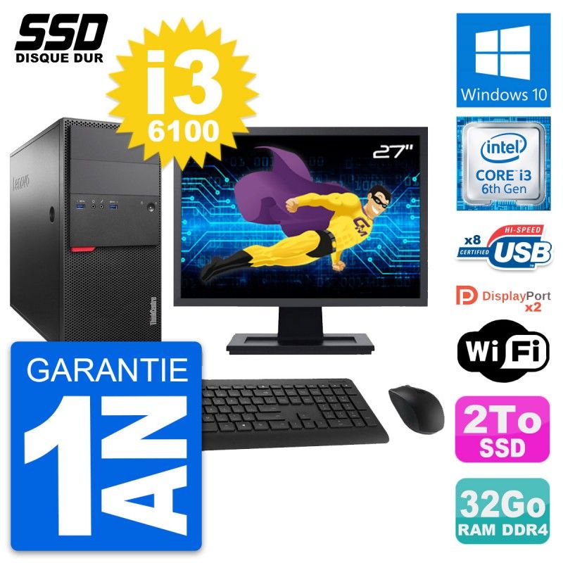 Lenovo M800 Tower PC - 27" Screen, Intel i3-6100, 32GB RAM, 2TB SSD, Windows 10, WiFi