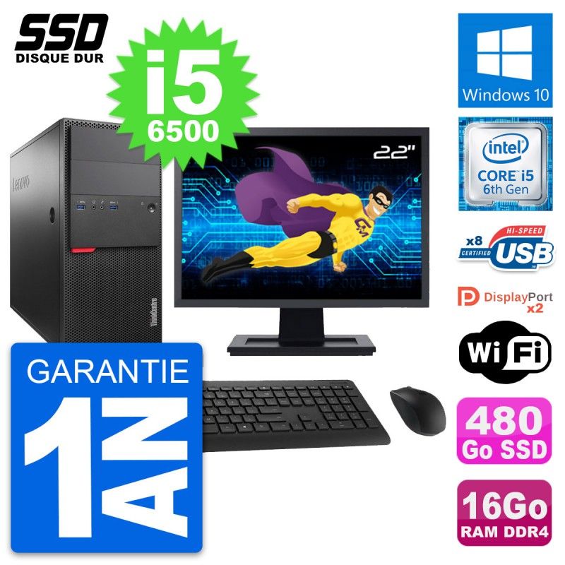Lenovo M800 Desktop Computer, 22" Screen, Intel i5-6500, 16GB RAM, 480GB SSD, Windows 10, Wifi