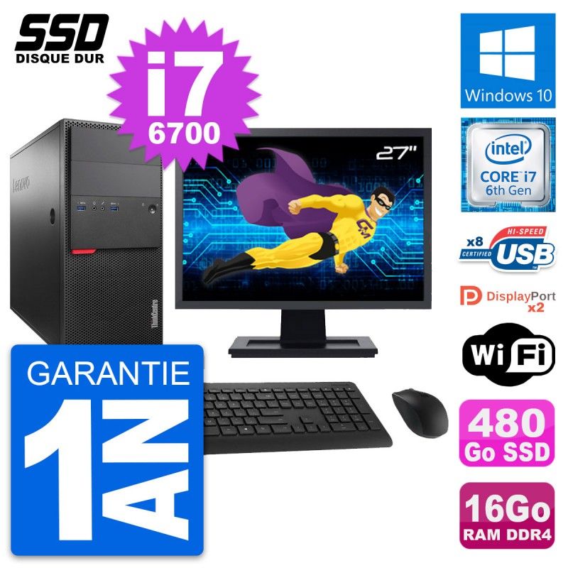 Lenovo M800 Desktop PC - 27" Screen, Intel i7-6700, 16GB RAM, 480GB SSD, Windows 10, Wifi