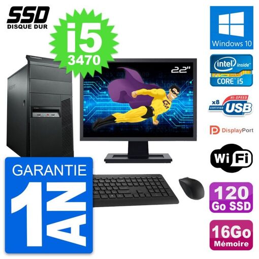 Lenovo M92p Mid Tower PC - 22" Screen, Intel i5-3470, 16GB RAM, 120GB SSD, Windows 10, WiFi