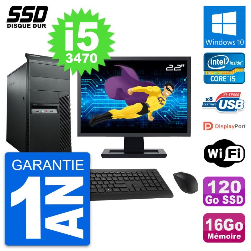 Lenovo M92p Mid Tower PC - 22" Screen, Intel i5-3470, 16GB RAM, 120GB SSD, Windows 10, WiFi