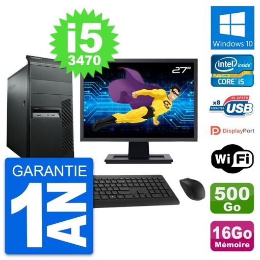 PC de sobremesa Lenovo M92p, Pantalla de 27'', Intel Core i5-3470, 16GB RAM, Disco duro de 500GB, WiFi, Windows 10