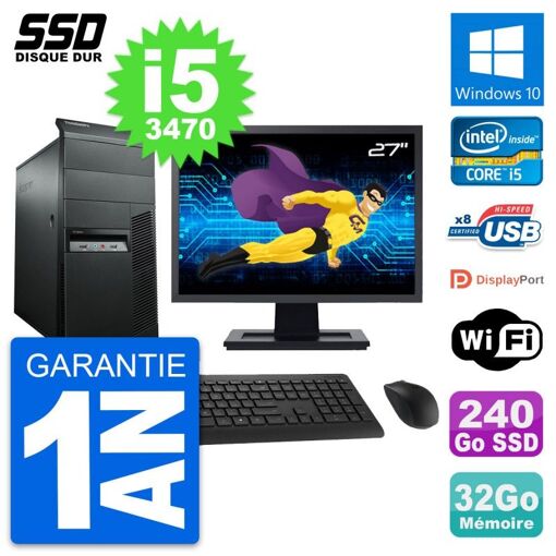 PC de sobremesa Lenovo M92p, pantalla de 27', procesador Intel i5-3470, 32GB de RAM, SSD de 240GB, Windows 10, Wifi