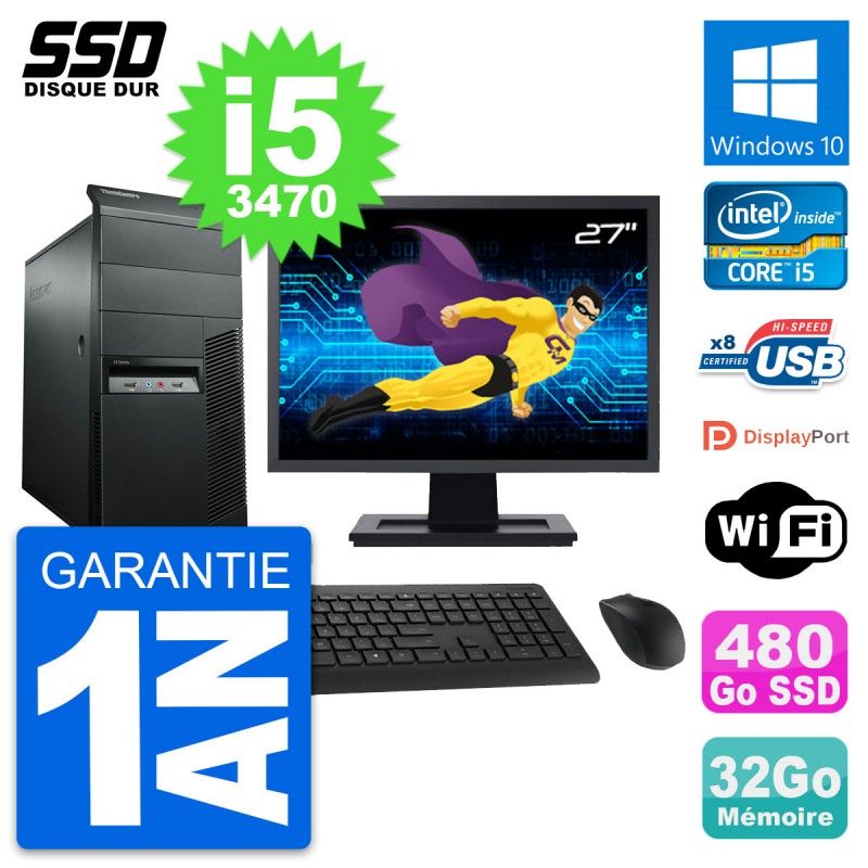 Lenovo M92p Mid Tower PC - 27" Screen, Intel i5-3470, 32GB RAM, 480GB SSD, Windows 10, WiFi