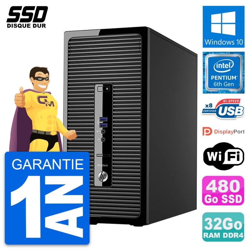 Ordinateur de bureau HP ProDesk 400 G3 MT - Processeur Intel Pentium G4400, 32 Go de RAM, 480 Go SSD, Windows 10, WiFi