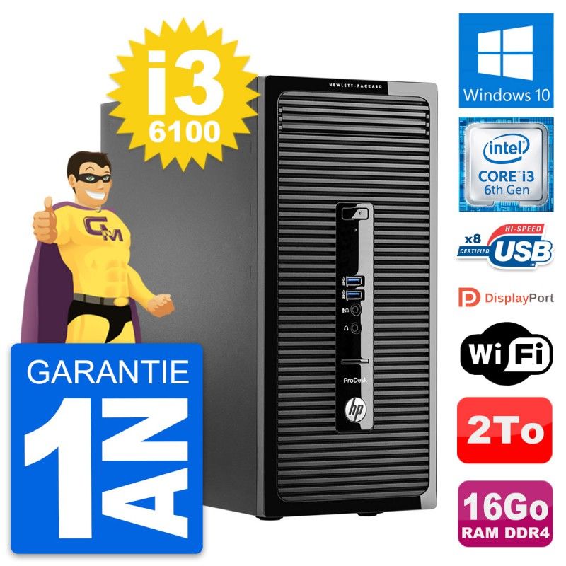 HP ProDesk 400 G3 MT Desktop PC - Intel i3-6100, 16GB RAM, 2TB HDD, Windows 10, WiFi
