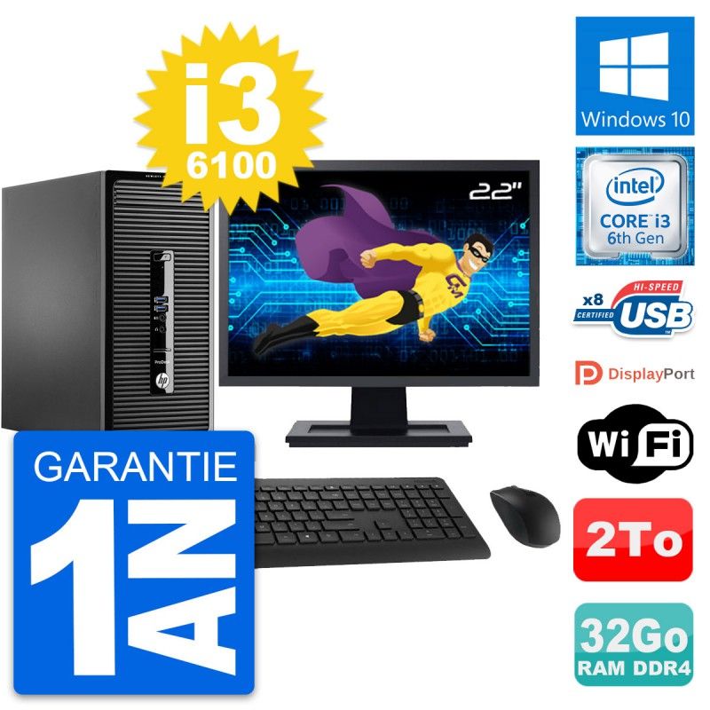 HP ProDesk 400 G3 MT Desktop PC - 22" Screen, Intel i3-6100, 32GB RAM, 2TB Storage, Windows 10