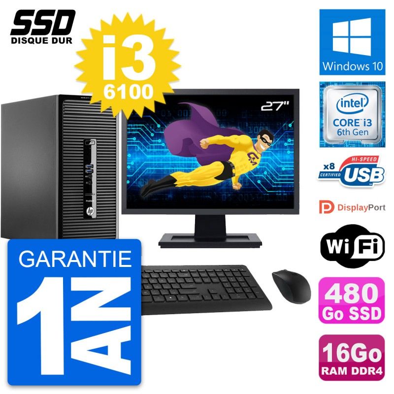 HP ProDesk 400 G3 MT Desktop Computer, 27" Screen, Intel i3-6100, 16GB RAM, 480GB SSD, Windows 10, WiFi