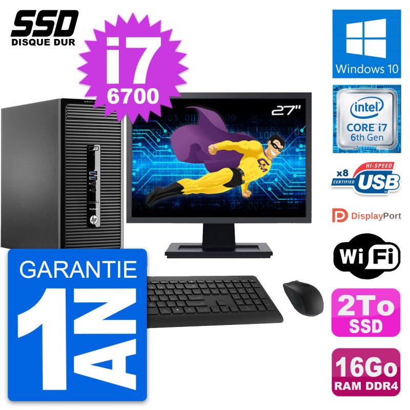 HP ProDesk 400 G3 MT Desktop Computer, 27" Screen, i7-6700, 16GB RAM, 2TB SSD, Windows 10, Wifi