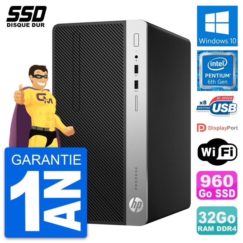 Ordinateur de bureau HP ProDesk 400 G4 MT - Processeur Intel Pentium G4400, 32 Go de RAM, 960 Go SSD, Windows 10, Wi-Fi
