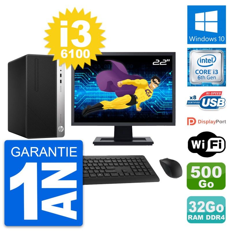 Ordinateur de bureau HP ProDesk 400 G4 MT, écran 22'', processeur Intel Core i3-6100, 32 Go de RAM, 500 Go SSD, Windows 10, Wi-Fi