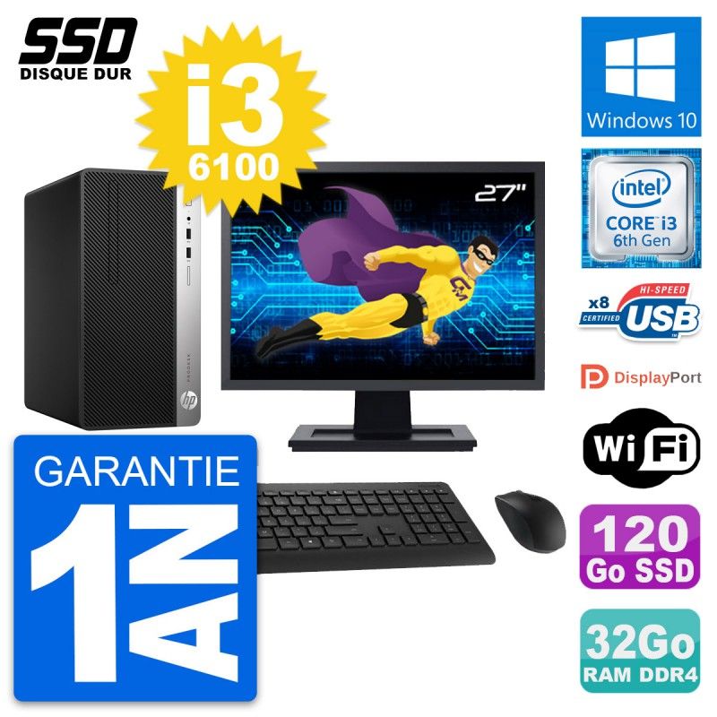 HP ProDesk 400 G4 MT Desktop PC, 27" Screen, Intel i3-6100, 32GB RAM, 120GB SSD, Windows 10, Wifi