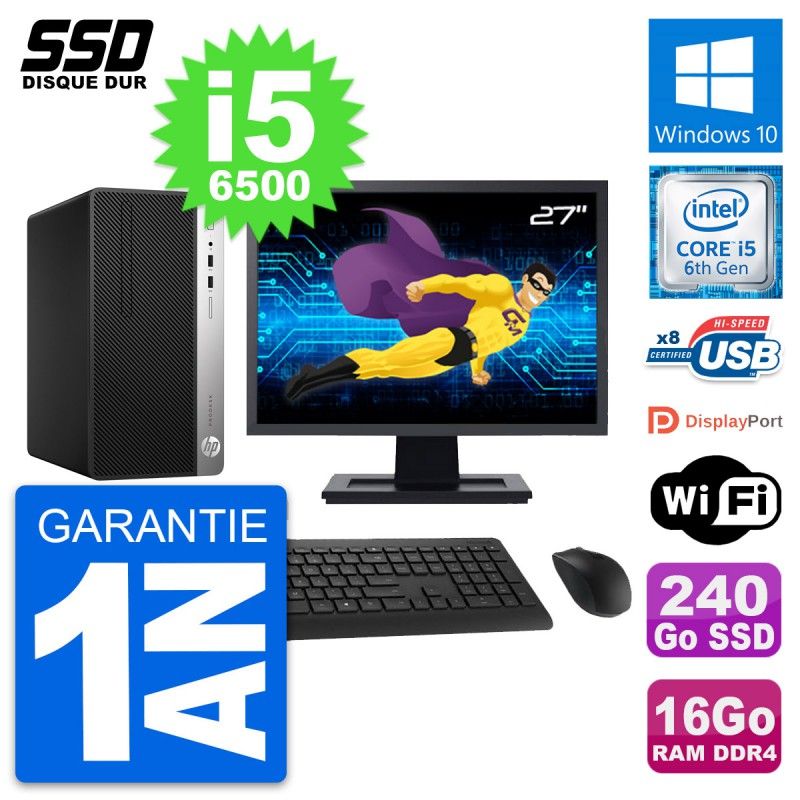 HP ProDesk 400 G4 MT Desktop PC, 27" Screen, Intel i5-6500, 16GB RAM, 240GB SSD, Windows 10, WiFi