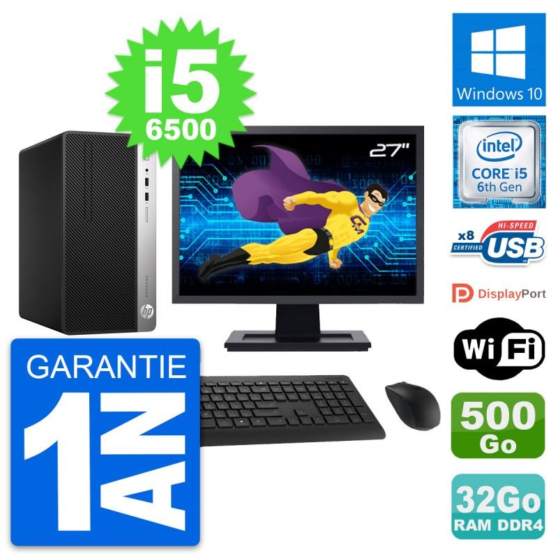 Ordinateur de bureau HP ProDesk 400 G4 MT - Écran 27", processeur Intel Core i5-6500, 32 Go de RAM, 500 Go de disque dur, Windows 10, WiFi