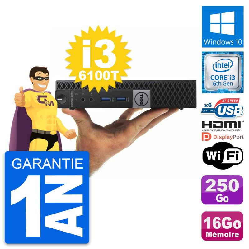 Mini Ordinateur Portable Dell 3040 - Intel Core i3, 16 Go de RAM, 250 Go SSD, HDMI, Windows 10, Wi-Fi