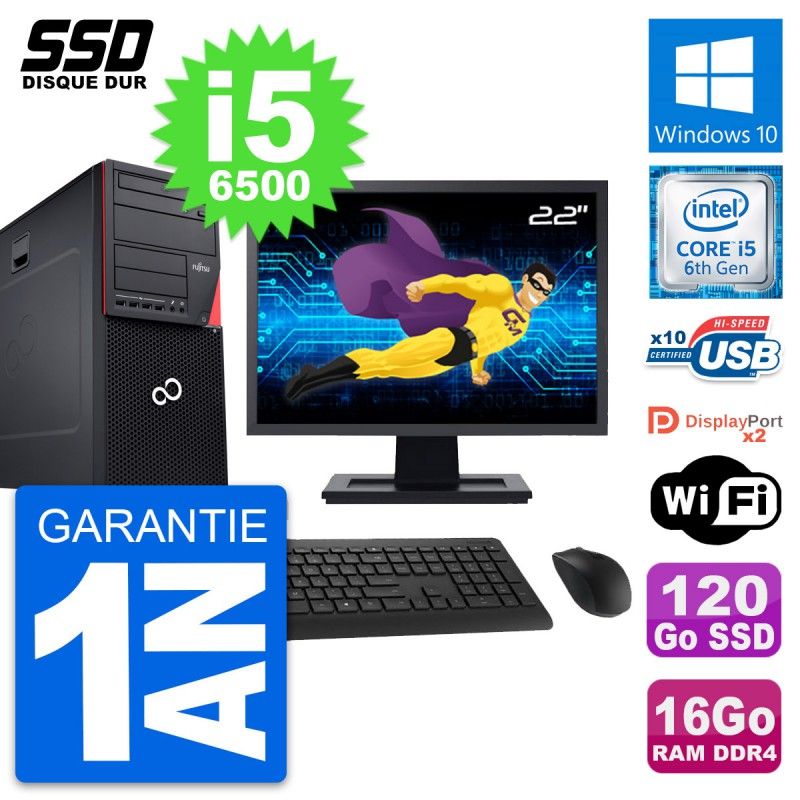 Fujitsu P756 22-inch PC Tower - Intel i5-6500, 16GB RAM, 120GB SSD, Windows 10, WiFi