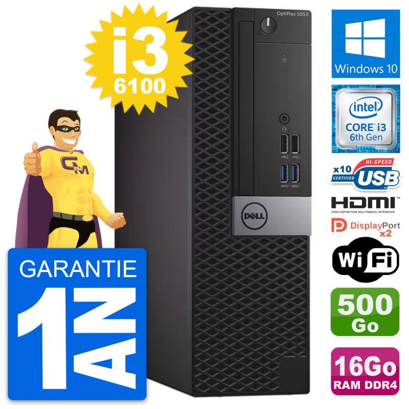 Ordinateur de bureau Dell OptiPlex 5050 SFF - i3-6100, 16 Go de RAM, 500 Go HDD, HDMI, Wi-Fi, Windows 10