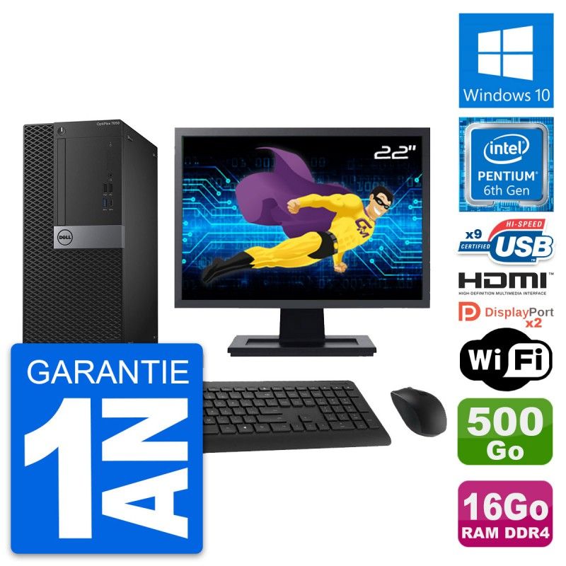 Dell OptiPlex 7050 Desktop Computer, 22" Screen, Intel Pentium G4400, 16GB RAM, 500GB HDD, HDMI, WiFi