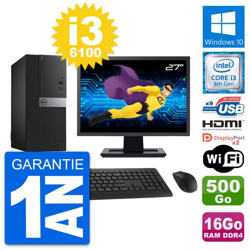 Dell OptiPlex 7050 Desktop Computer, 27" Screen, i3-6100, 16GB RAM, 500GB HDD, HDMI