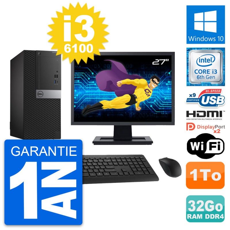 Dell OptiPlex 7050 Desktop Computer - 27" Screen, Intel Core i3-6100, 32GB RAM, 1TB HDD, Windows 10