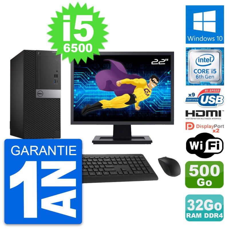 Dell OptiPlex 7050 Desktop Computer - 22" Screen, i5-6500, 32GB RAM, 500GB Disk, HDMI, Wi-Fi