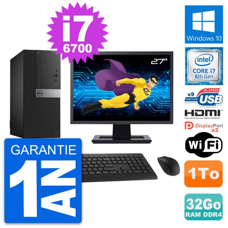 Dell OptiPlex 7050 Desktop Computer, 27" Screen, i7-6700 CPU, 32GB RAM, 1TB HDD, HDMI, WiFi