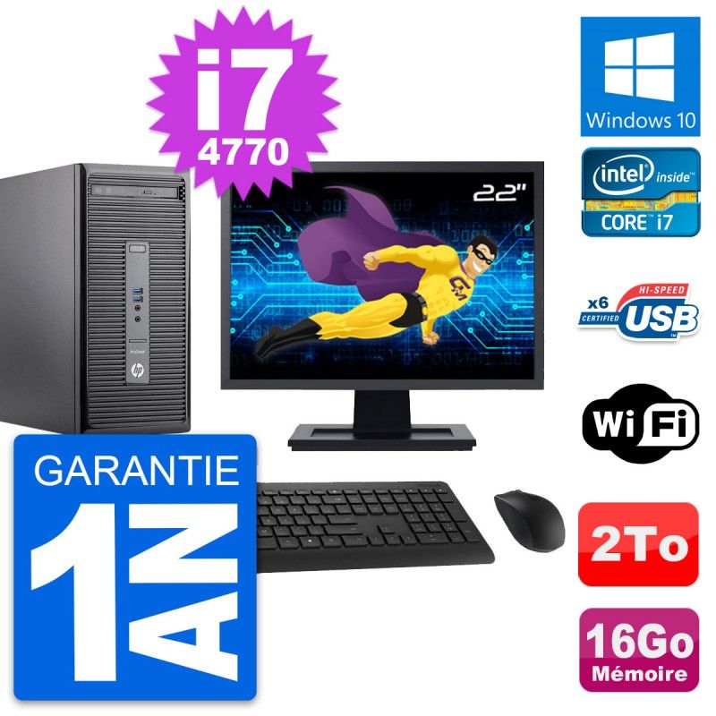HP ProDesk 400 G2 MT Desktop Computer, 22" Screen, Intel i7-4770, 16GB RAM, 2TB HDD, Windows 10, WiFi