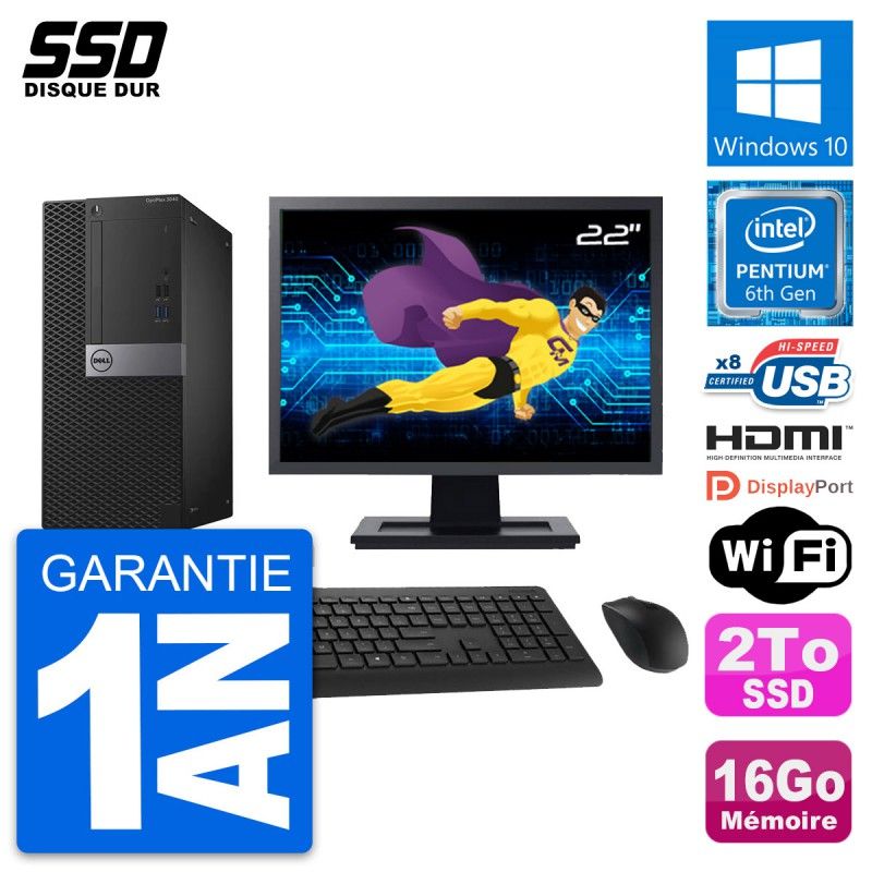 Dell OptiPlex 3040 Desktop Computer, 22" Screen, Intel G4400, 16GB RAM, 2TB SSD, HDMI, WiFi
