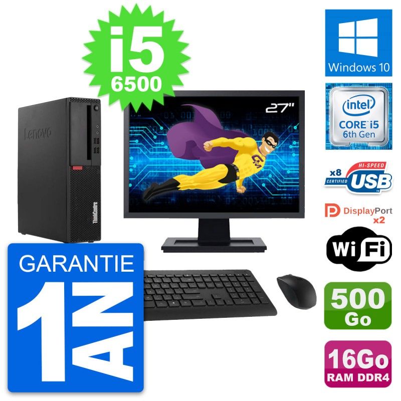 Lenovo M910s SFF Desktop - 27" Display, Core i5-6500, 16GB RAM, 500GB HDD, Windows 10, WiFi
