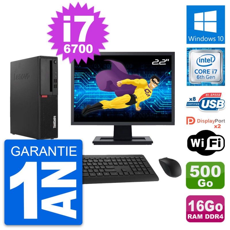 Lenovo M910s SFF Desktop Computer | 22" Screen | Core i7-6700 | 16GB RAM | 500GB HDD