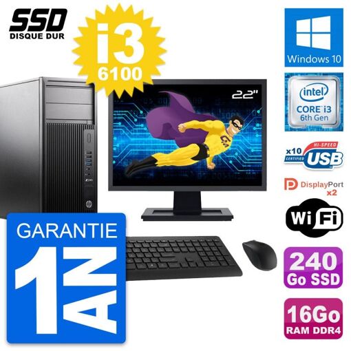 PC de escritorio HP WorkStation Z240 - Pantalla de 22', Intel Core i3-6100, 16 GB RAM, 240 GB SSD, Windows 10, WiFi