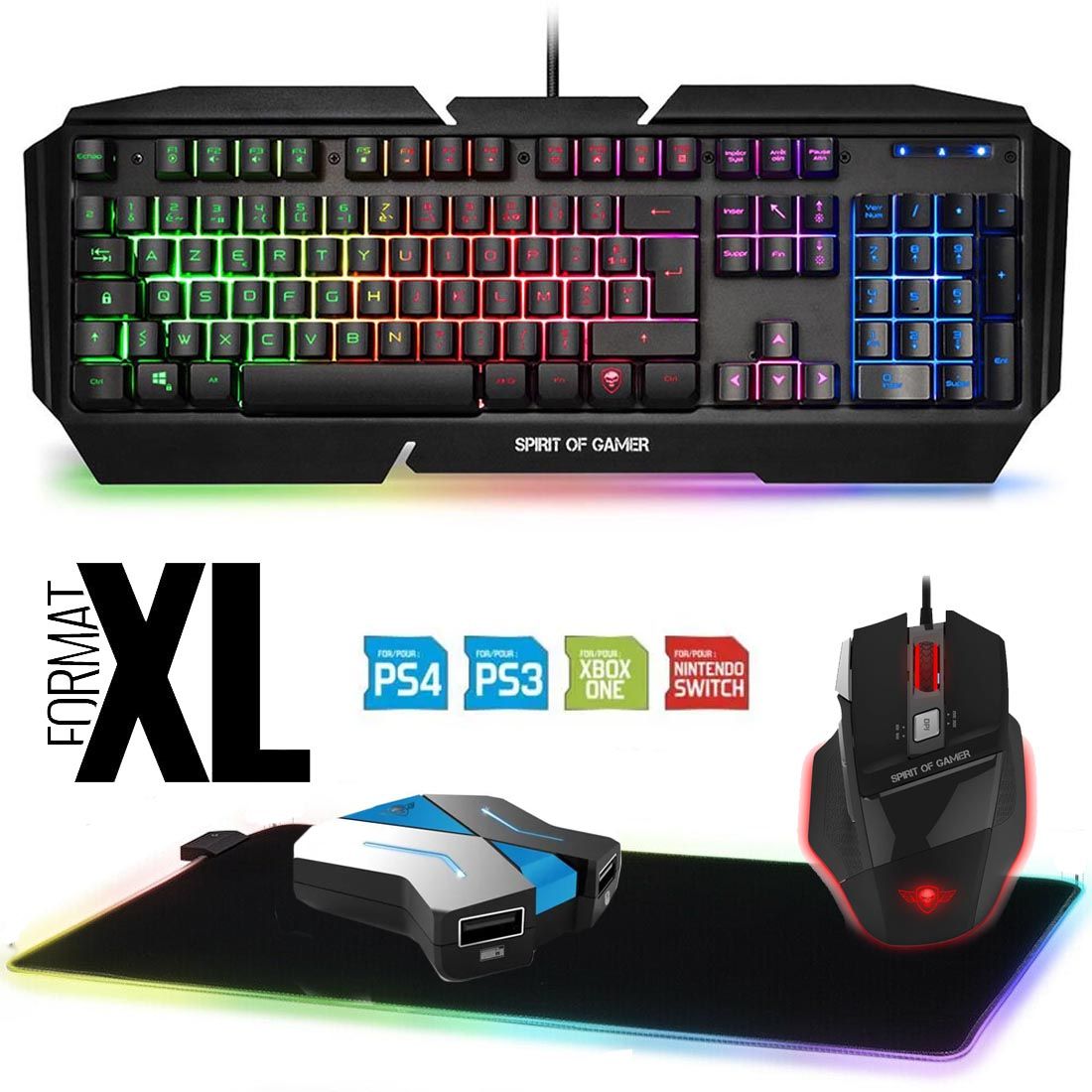 Pack de juego Spirit of Gamer: teclado, ratón y alfombrilla LED para Switch, XB1, PS4, PC