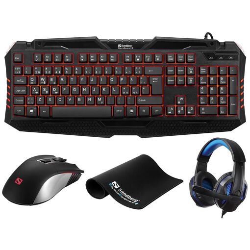 Sandberg Gaming Starter Kit - Gaming Keyboard and Mouse Set - RGB Backlit - USB - UK - with Gaming Headset USB