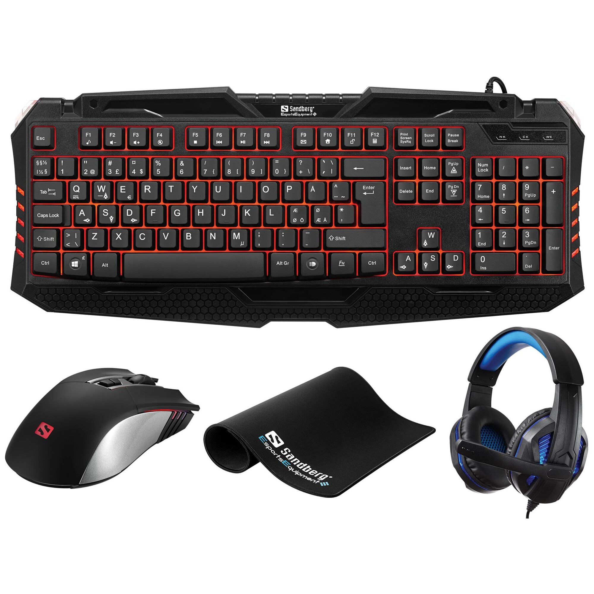 Sandberg Gaming Starter Kit - Gaming Keyboard and Mouse Set - RGB Backlit - USB - UK - with Gaming Headset USB