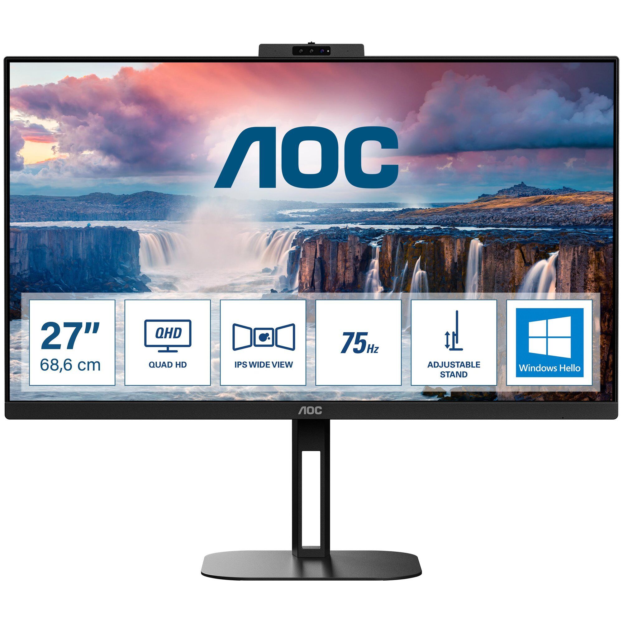 AOC Value-line Q27V5CW/BK - V5 series - écran LED - 27" - 2560 x 1440 QHD @ 75 Hz - IPS - 300 cd/m² - 1000:1 - 4 ms - HDMI, DisplayPort, USB-C - haut-parleurs - noir