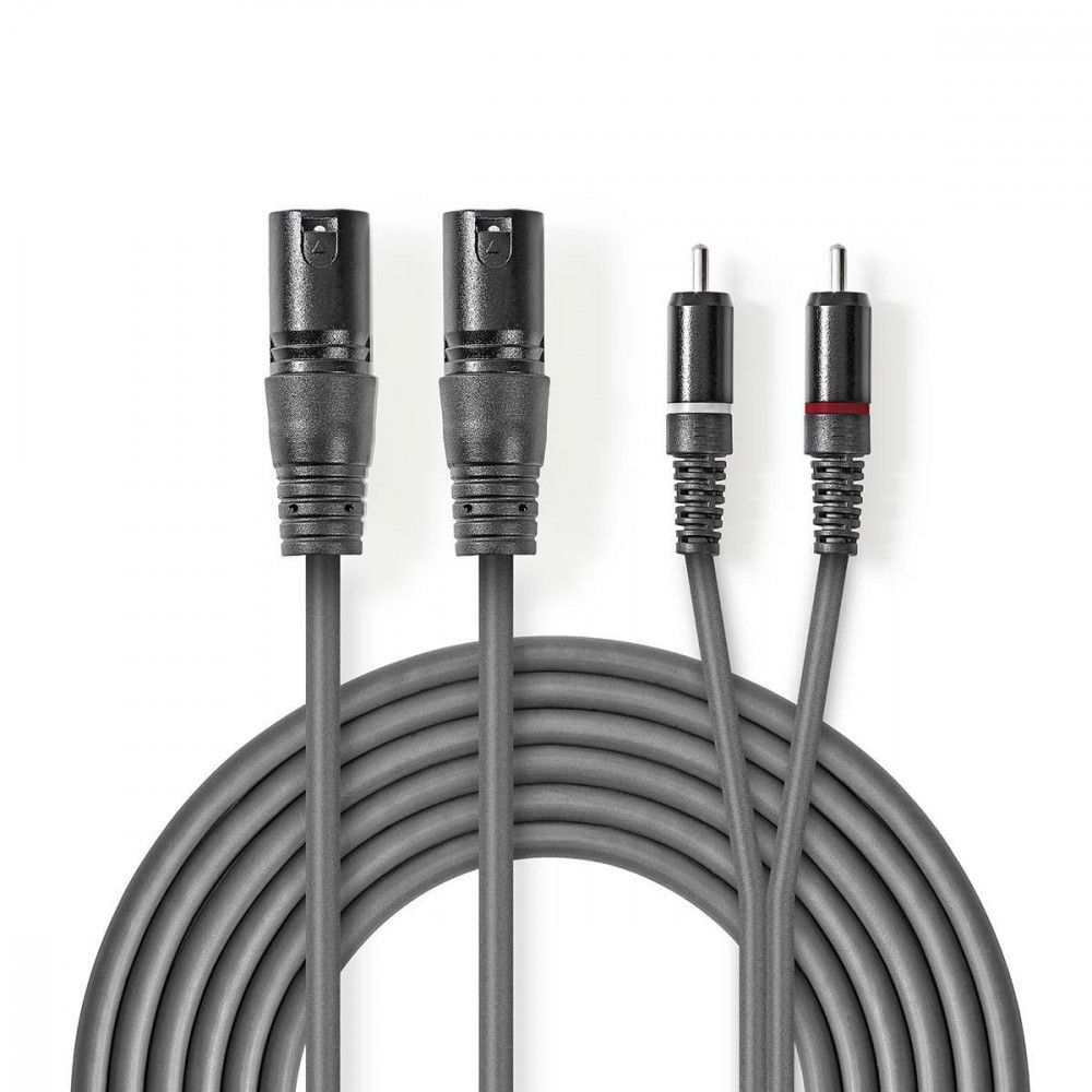 Cable de audio XLR - 2 conectores XLR macho a 3 pinzas a 2 conectores RCA macho, 3m, gris