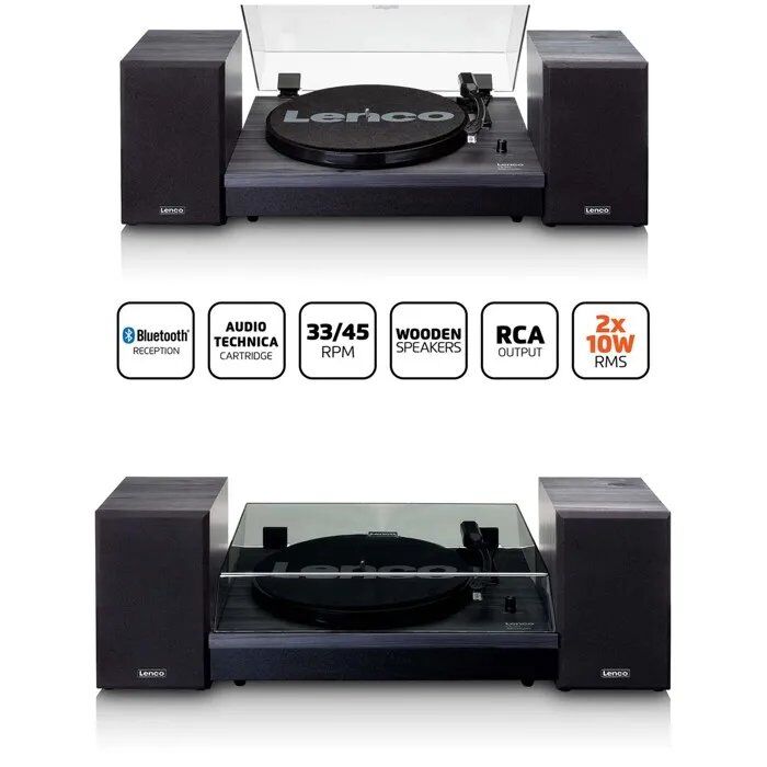Reproductor de vinilo Lenco LS-301 con Bluetooth y dos altavoces externos (Negro)