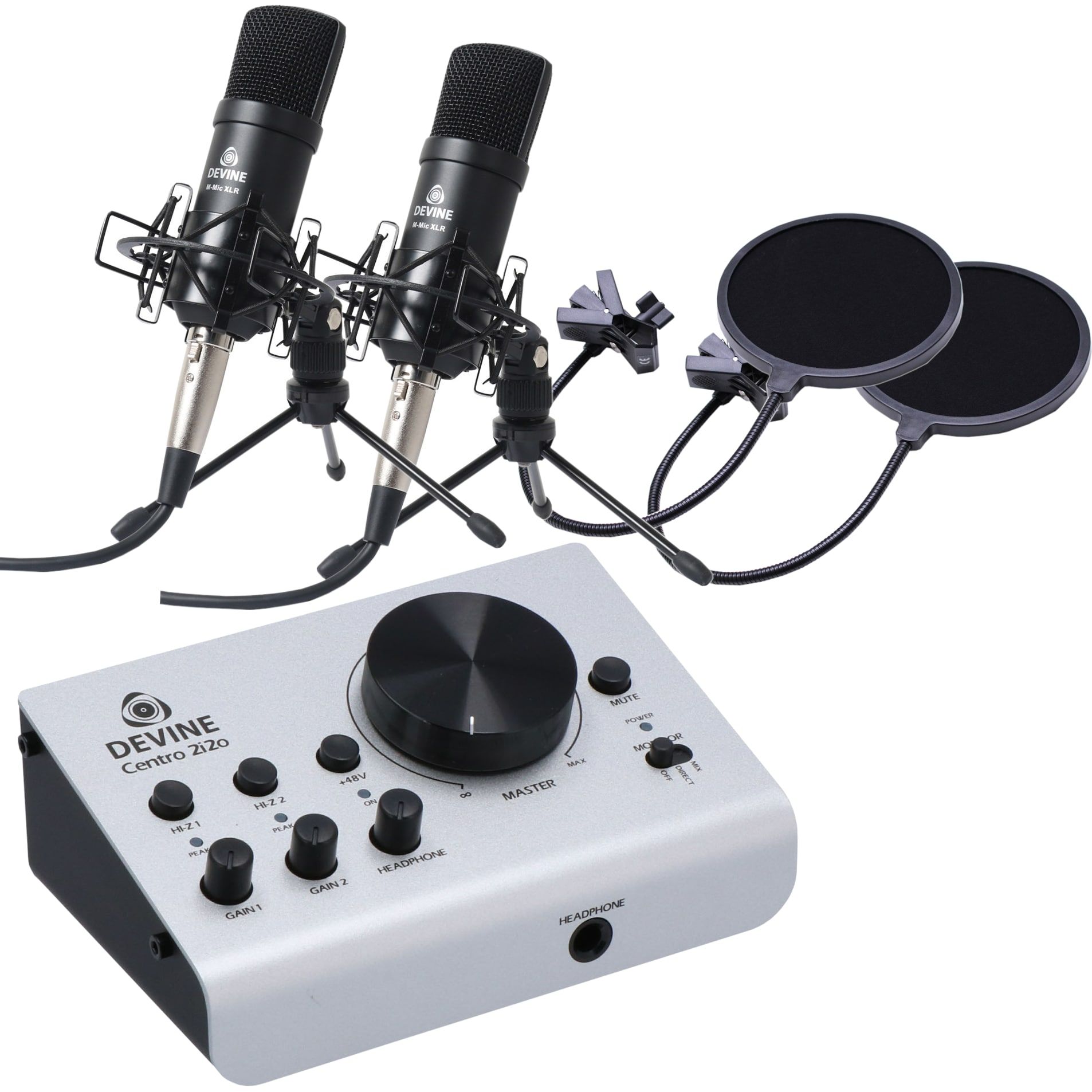 Ensemble Devine Centro 2i2o avec micros XLR et filtres anti-pop