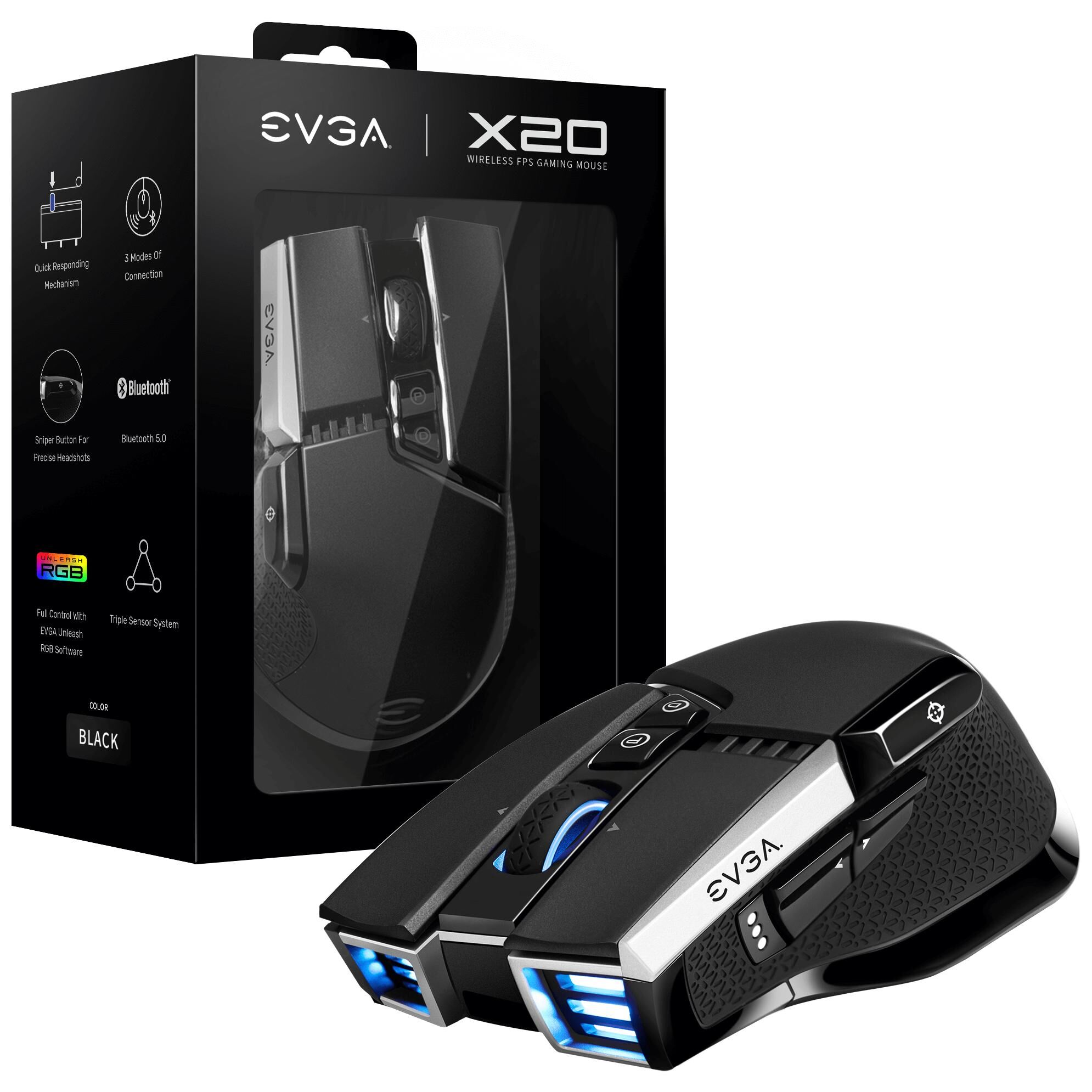 EVGA X20 souris Gaming Ambidextre RF Wireless + Bluetooth + USB Type-A Optique 16000 DPI
