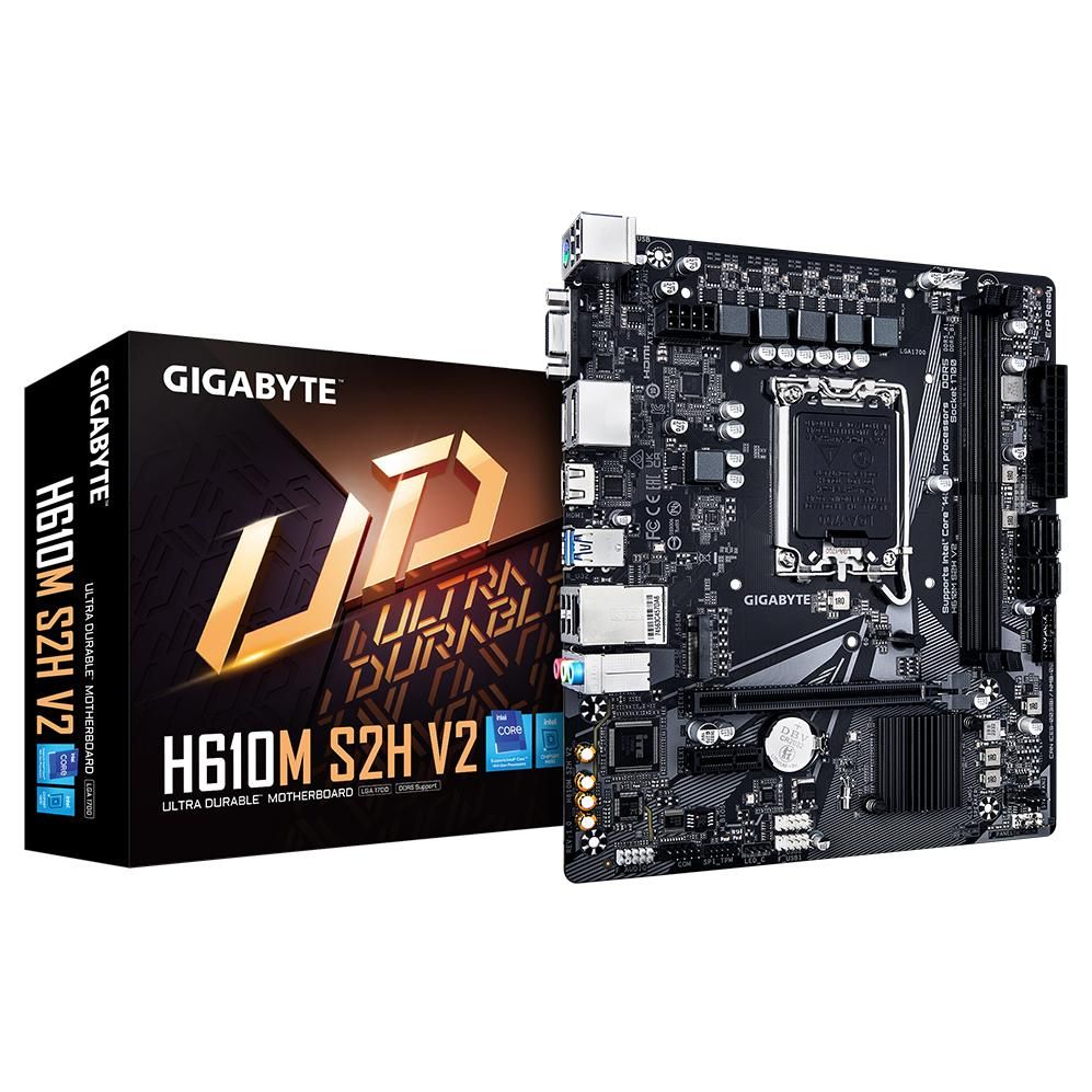 GIGABYTE H610M S2H V2 Carte mère - Prend en charge les processeurs Intel Core 14e génération, VRM numérique hybride 4+1+1 phases, jusqu'à 5600MHz DDR5, 1xPCIe 3.0 M.2, LAN GbE, USB 3.2 Gen 1