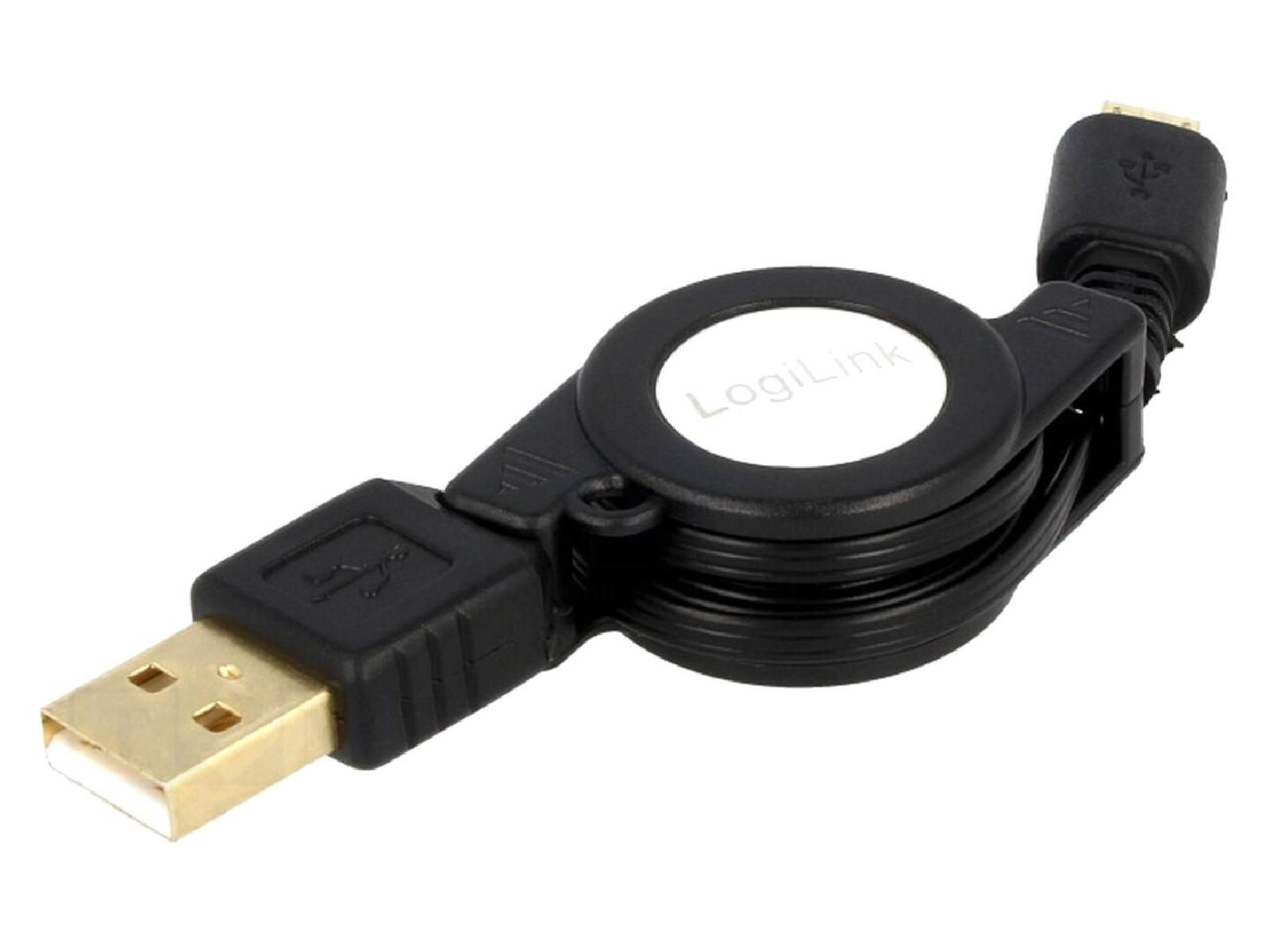 Cable USB 2.0 retractable USB A male USB B micro male 0.75m - Noir